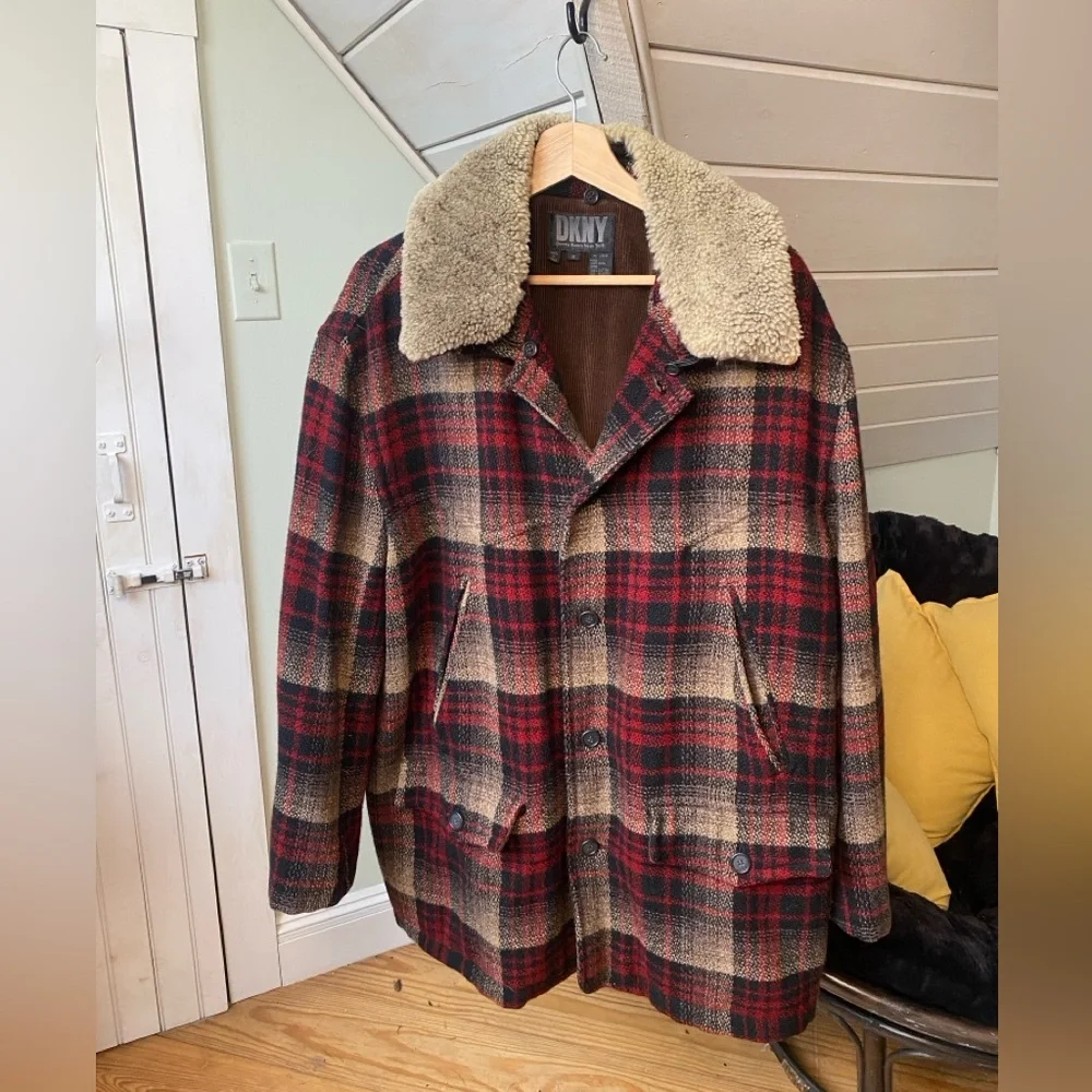 DKNY Donna Karan New York 100% Wool Plaid Coat Corduroy Removable Collar Small